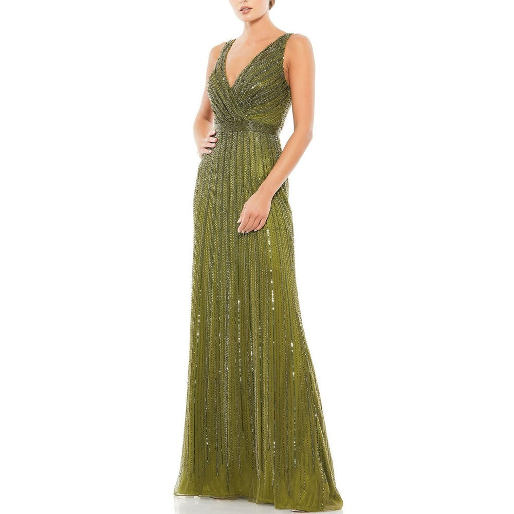 Mac Duggal size 6 olive color beaded v-neck gown